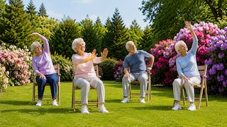 vier Senioren beim Sitzyoga im Garten @ 